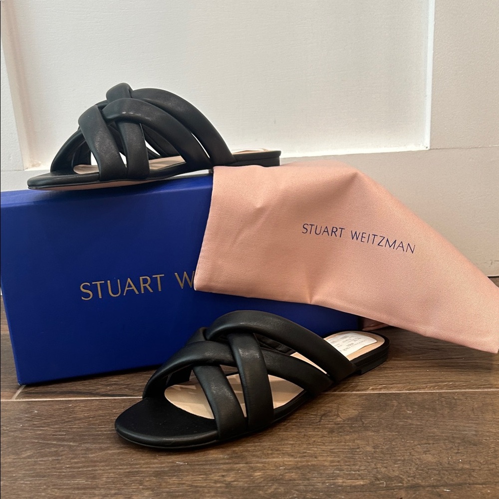 NWT Stuart Weitzman Black Braided Leather Slide Sandals